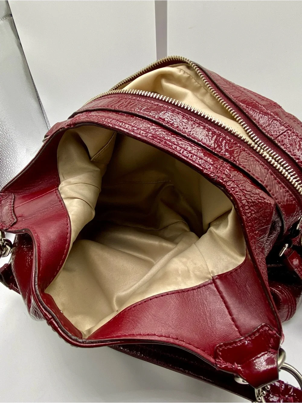 Coach Mia 15734 Burgundy Red Patent Leather Shoulder Bag Hobo Silver Hardware